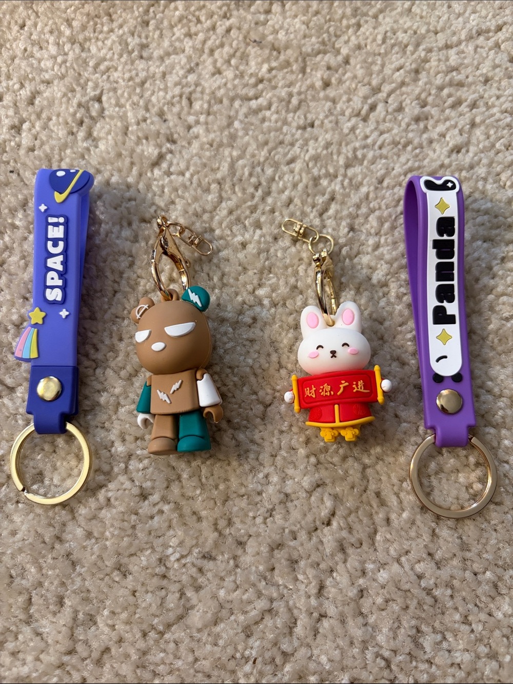 Purple 'SPACE!' & Panda Keychain Strap Set with Cute Bunny and Bear Charms
